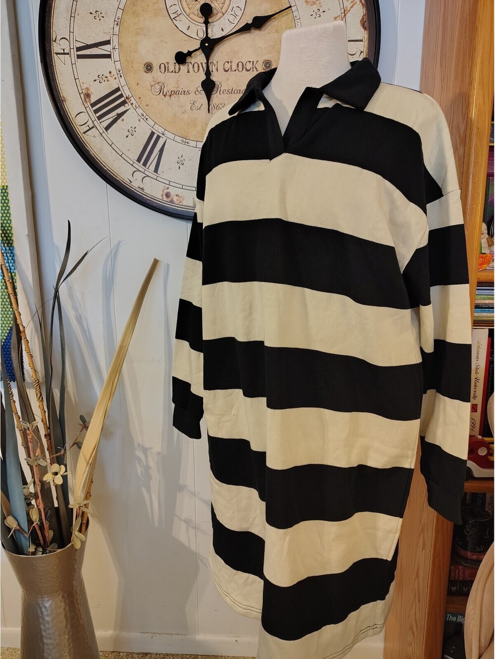 Serra Medium Black and White Striped Long Sleeve Rugby Dress